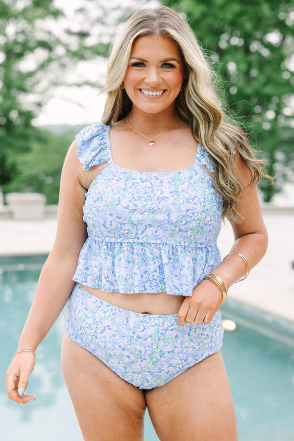 Chic Soul plus size clothing, flutter-strap blue floral tankini top with a subtle scoop-neckline with ruffled babydoll detail