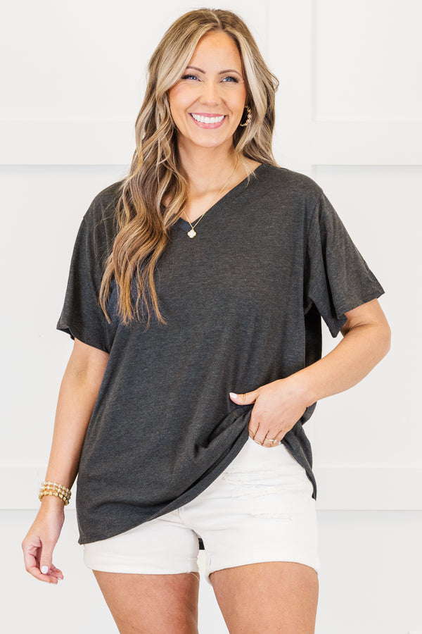 Plus Size charcoal grey v-neck cotton t-shirt with short sleeves and a relaxed fit.