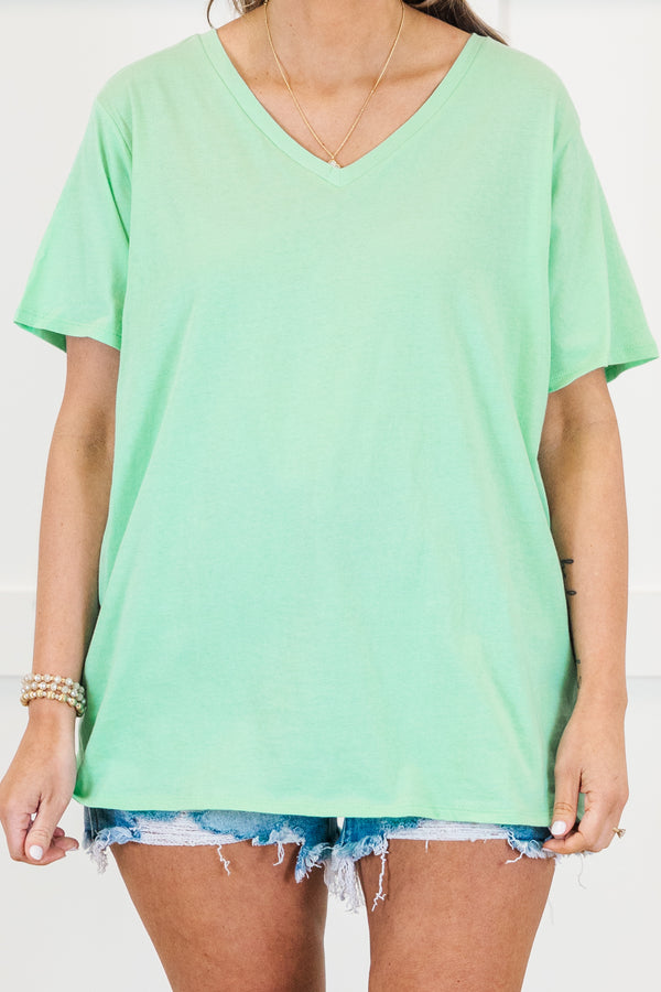 Plus Size mint green 100% cotton v-neck t-shirt with short sleeves and a relaxed fit.