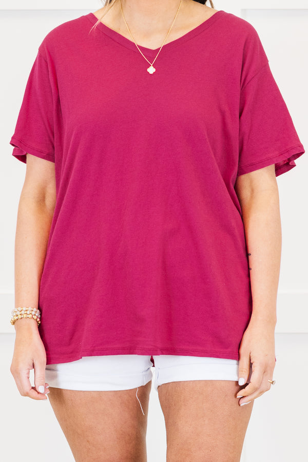 Chic Soul plus size clothing, magenta plain short sleeve flowy top with v neckline