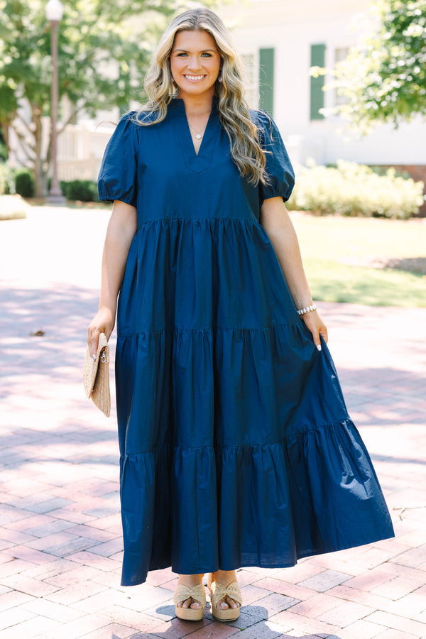 Plus Size deep navy tiered maxi dress with a v-neckline and short puff sleeves.