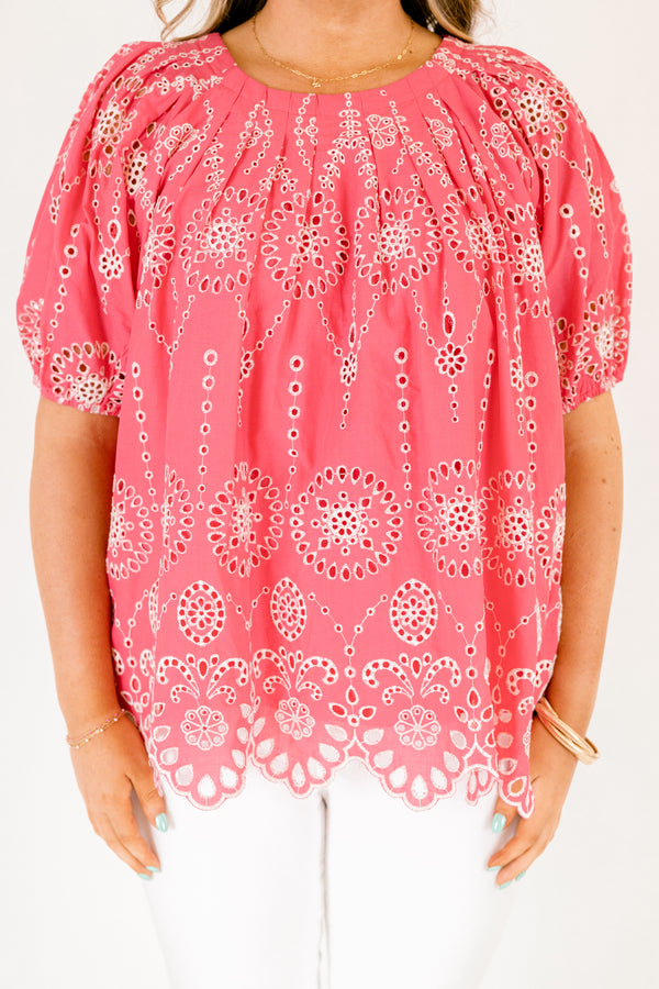 Chic Soul plus size clothing, pink short puff sleeve top with white eyelet detailing 