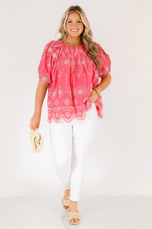 Chic Soul plus size clothing, pink short puff sleeve top with white eyelet detailing 