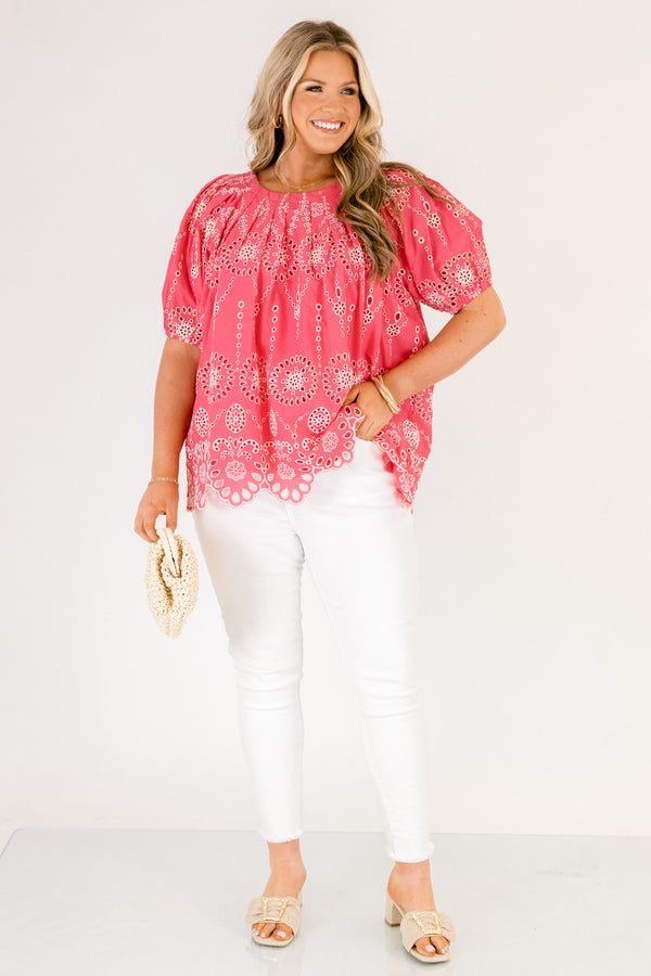 Chic Soul plus size clothing, pink short puff sleeve top with white eyelet detailing 
