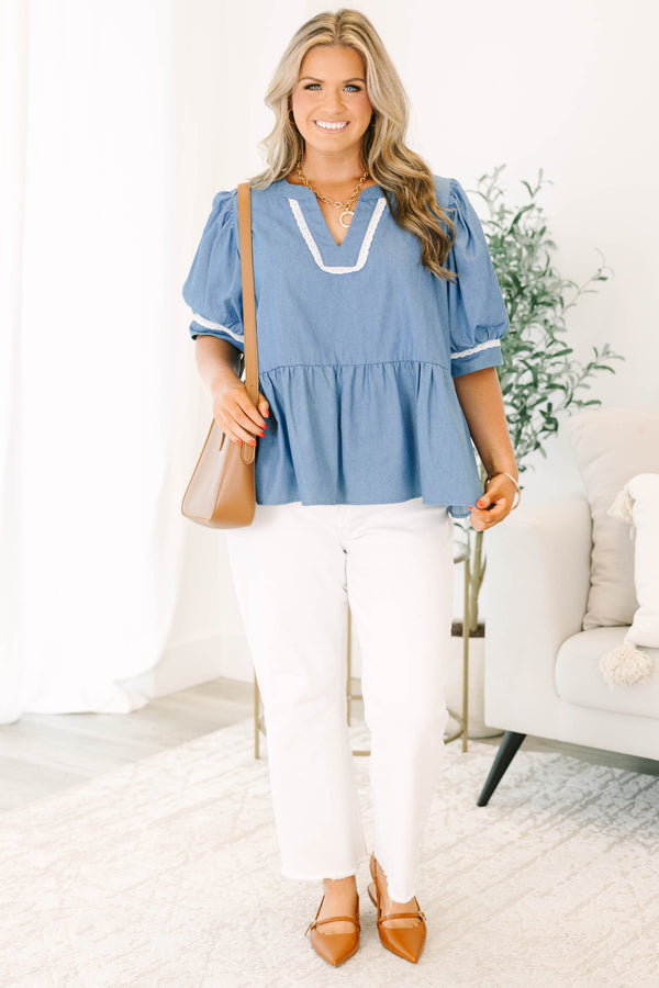 Chic Soul plus size clothing, denim blue short sleeve peplum top with puff sleeves and white detail on sleeves and v neckline 