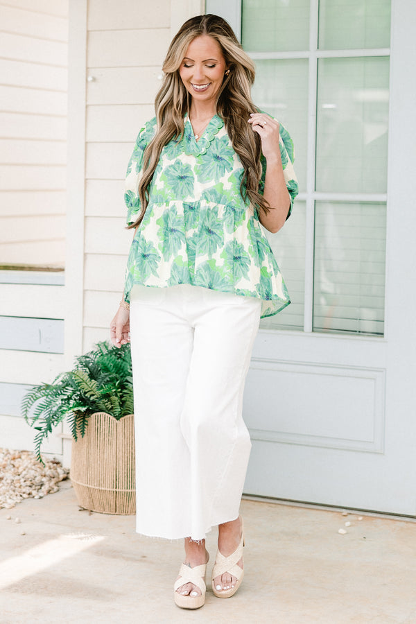 Chic Soul plus size clothing, short-puffed-sleeve green ivory baby doll top with a v-neckline with a green floral pattern