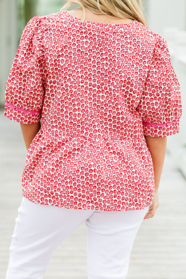 Chic Soul plus size clothing, short-sleeve pink babydoll peplum top with a v-neckline and a ric rac detailing on the neckline and sleeves with a pink floral pattern