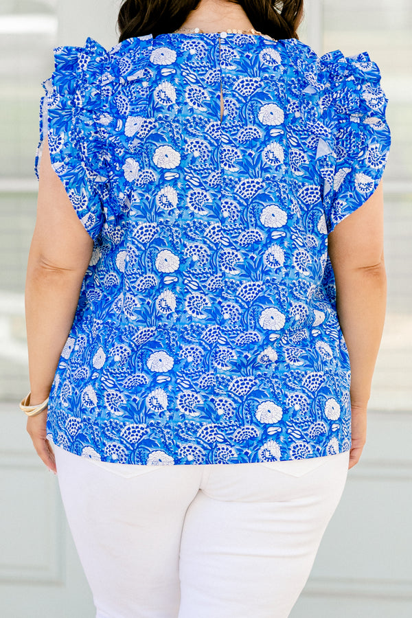 Chic Soul plus size clothing, cobalt blue flutter sleeve top with high pleated neckline and abstract floral design