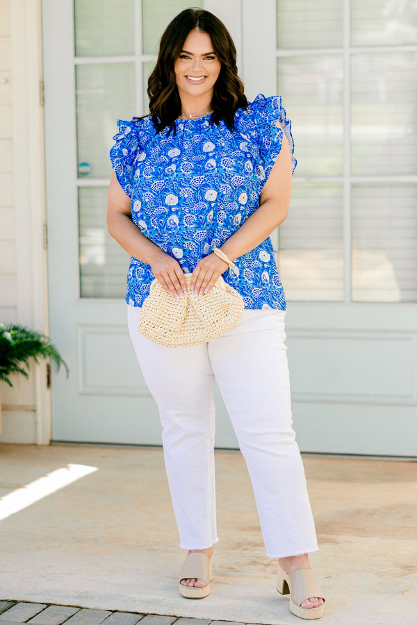 Chic Soul plus size clothing, cobalt blue flutter sleeve top with high pleated neckline and abstract floral design