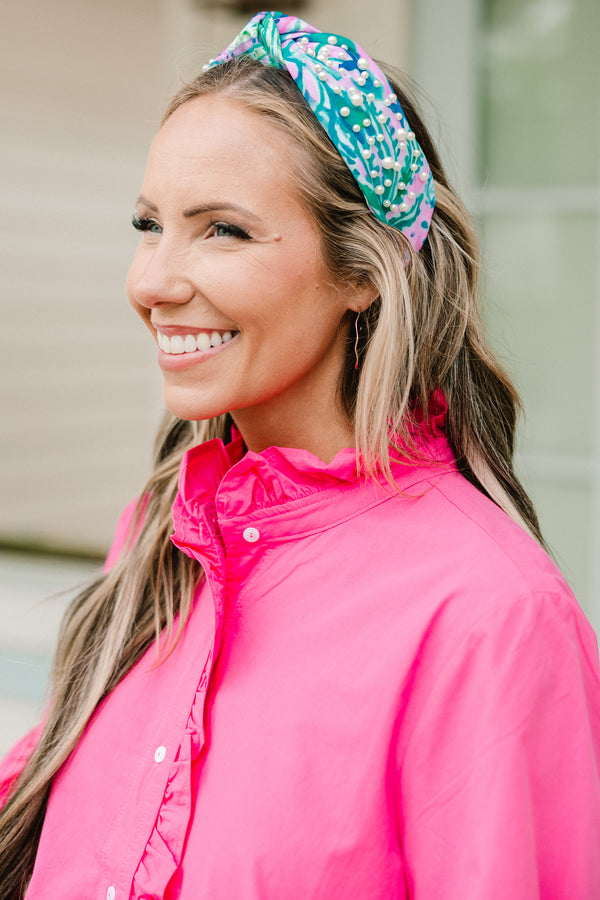 Chic Soul plus size clothing, teal and pink floral headband with knot on top and pearl embellishments 