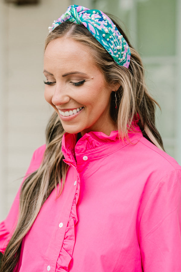 Chic Soul plus size clothing, teal and pink floral headband with knot on top and pearl embellishments 
