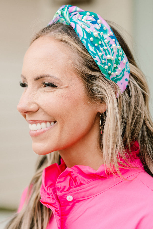Chic Soul plus size clothing, teal and pink floral headband with knot on top and pearl embellishments 