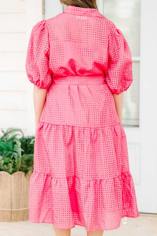 Chic Soul plus size clothing, short-puffed-sleeve ruffled buttoned collared pink midi dress with a waist-tie and subtle gingham lace detailing 