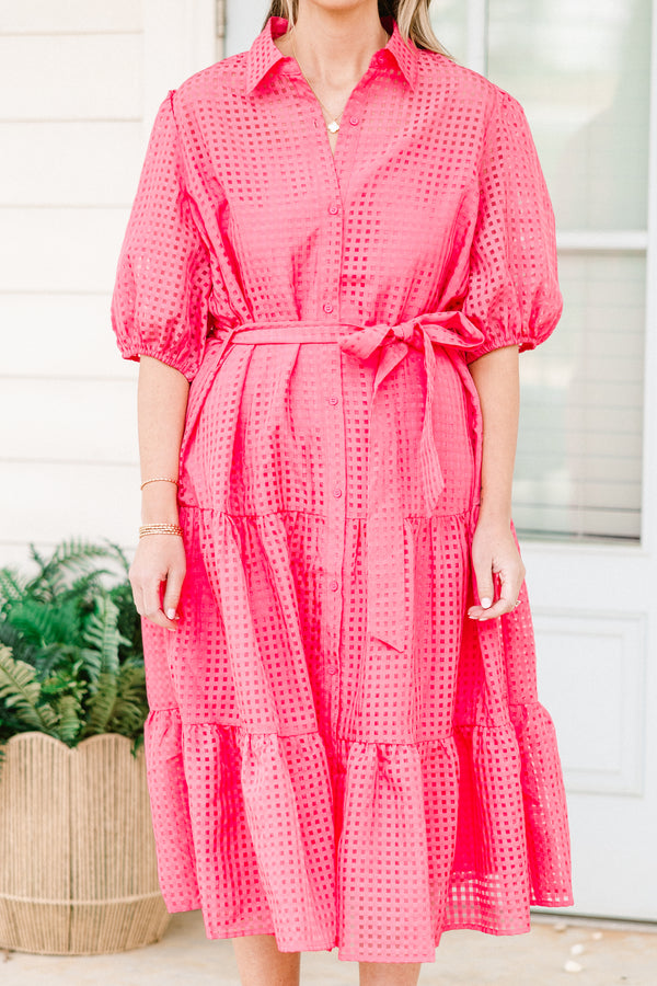 Chic Soul plus size clothing, short-puffed-sleeve ruffled buttoned collared pink midi dress with a waist-tie and subtle gingham lace detailing 