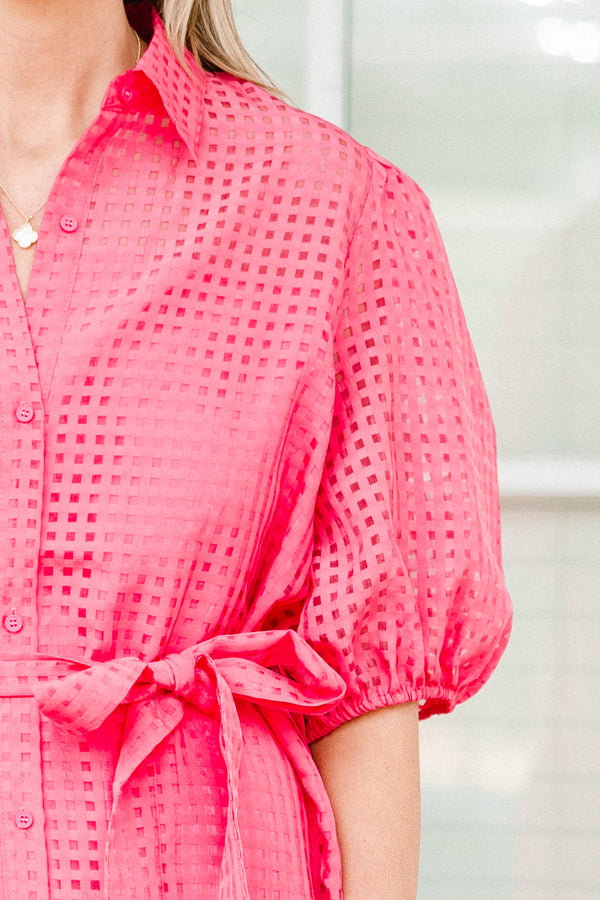 Chic Soul plus size clothing, short-puffed-sleeve ruffled buttoned collared pink midi dress with a waist-tie and subtle gingham lace detailing 
