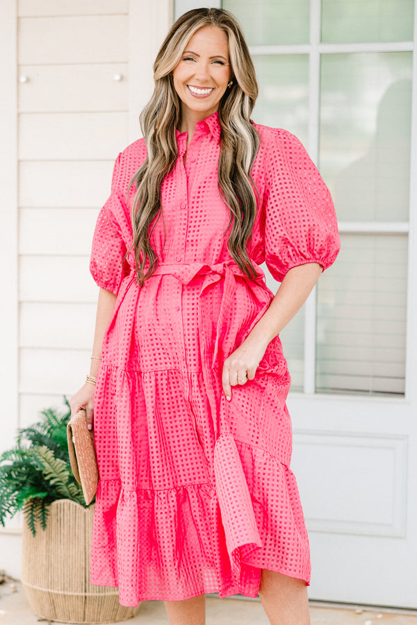 Chic Soul plus size clothing, short-puffed-sleeve ruffled buttoned collared pink midi dress with a waist-tie and subtle gingham lace detailing 