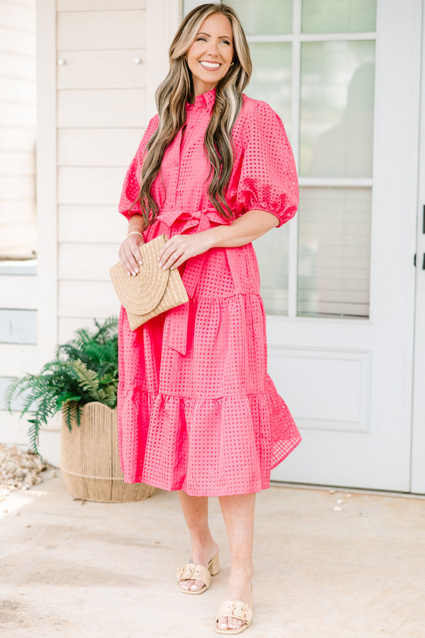 Chic Soul plus size clothing, short-puffed-sleeve ruffled buttoned collared pink midi dress with a waist-tie and subtle gingham lace detailing 