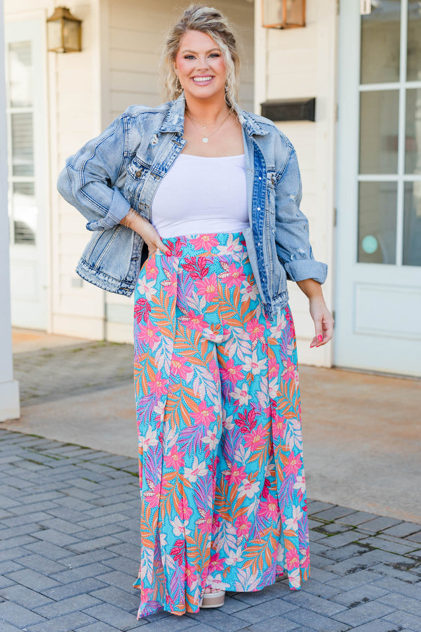 Chic Soul plus size clothing, turquoise flowy pants with pink multicolor floral design