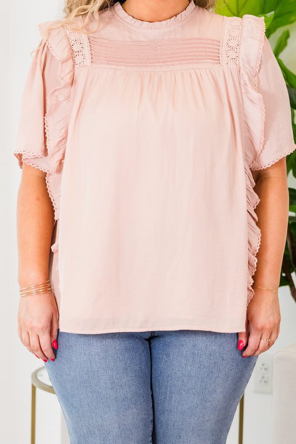 Chic Soul plus size clothing, taupe short sleeve top with ruffles and lace details