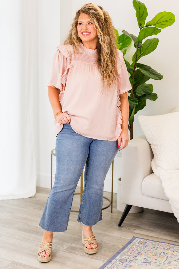 Chic Soul plus size clothing, taupe short sleeve top with ruffles and lace details