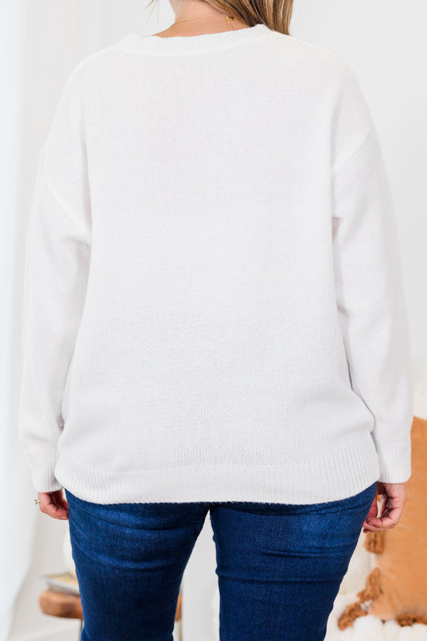 Chic Soul plus size clothing, long-sleeve crewneck white sweater with orange embroidery in cursive stating 