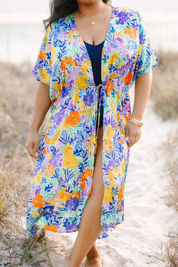 Chic Soul plus size clothing, short-sleeve flowy royal blue multi-colored kimono with a floral pattern
