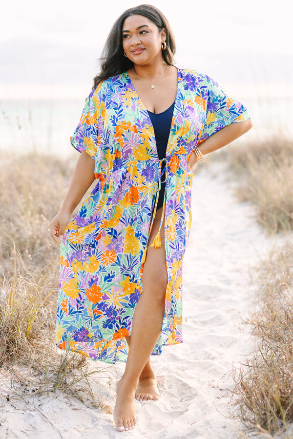 Chic Soul plus size clothing, short-sleeve flowy royal blue multi-colored kimono with a floral pattern