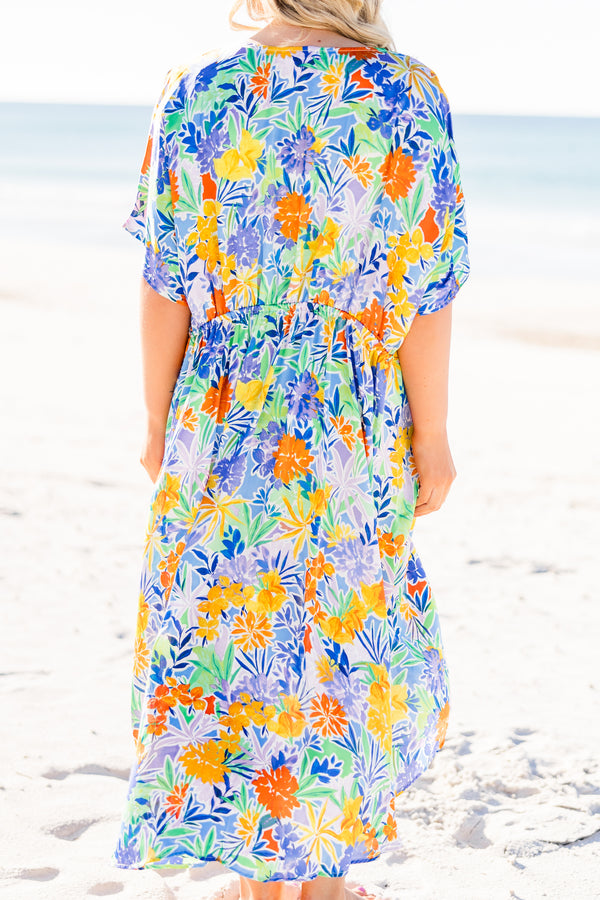 hic Soul plus size clothing, short-sleeve flowy royal blue multi-colored kimono with a floral pattern