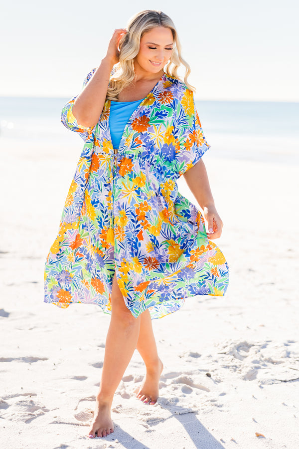 hic Soul plus size clothing, short-sleeve flowy royal blue multi-colored kimono with a floral pattern