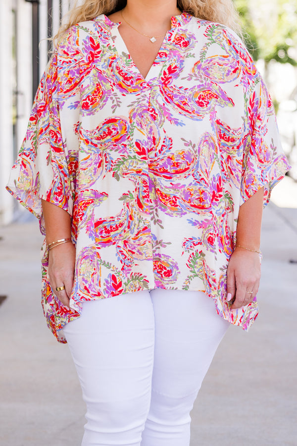 Chic Soul plus size clothing, short-sleeve v-neckline multi-colored top with floral paisley pattern