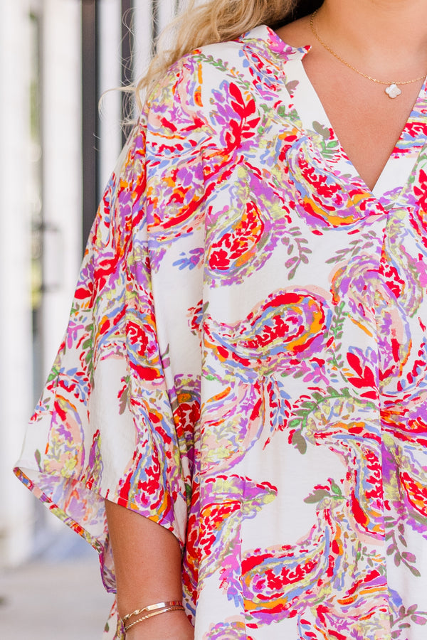Chic Soul plus size clothing, short-sleeve v-neckline multi-colored top with floral paisley pattern