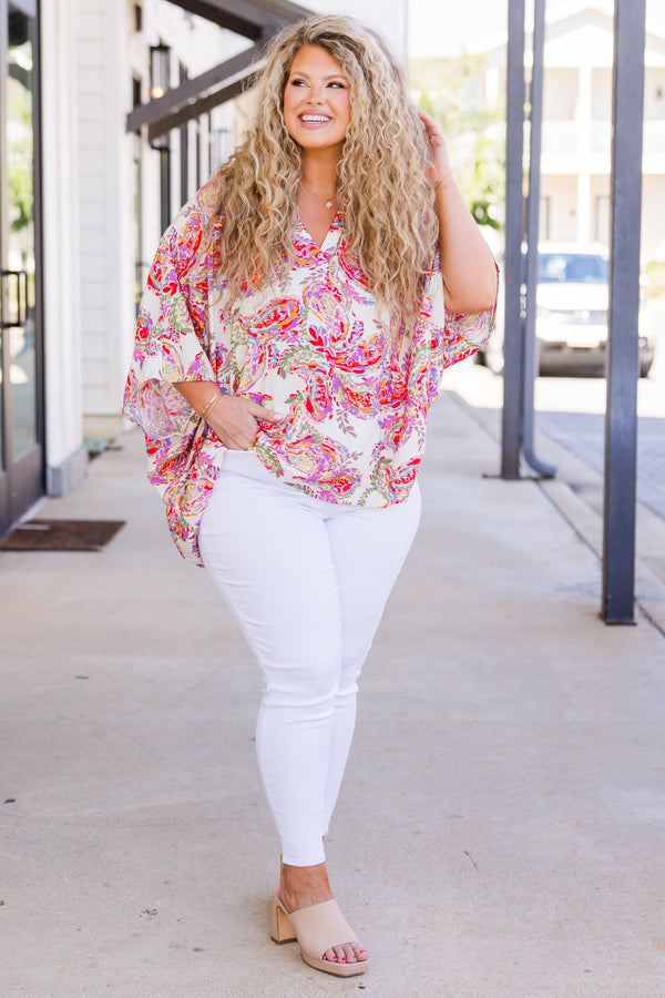 Chic Soul plus size clothing, short-sleeve v-neckline multi-colored top with floral paisley pattern