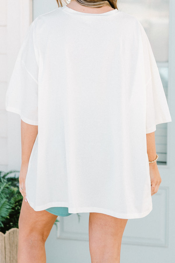 Plus Size ivory oversized boyfriend tee with a colorful Summer Vibes palm tree graphic.