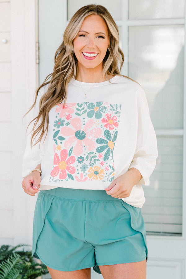 Chic Soul plus size clothing, ivory short sleeve boyfriend tee with floral print graphic