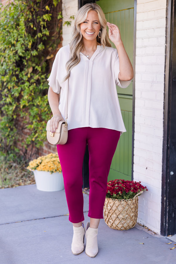Chic Soul plus size clothing, mid-waisted cropped slim-fitting magenta business pants with hidden pockets