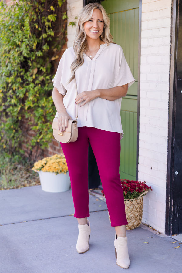 Chic Soul plus size clothing, mid-waisted cropped slim-fitting magenta business pants with hidden pockets