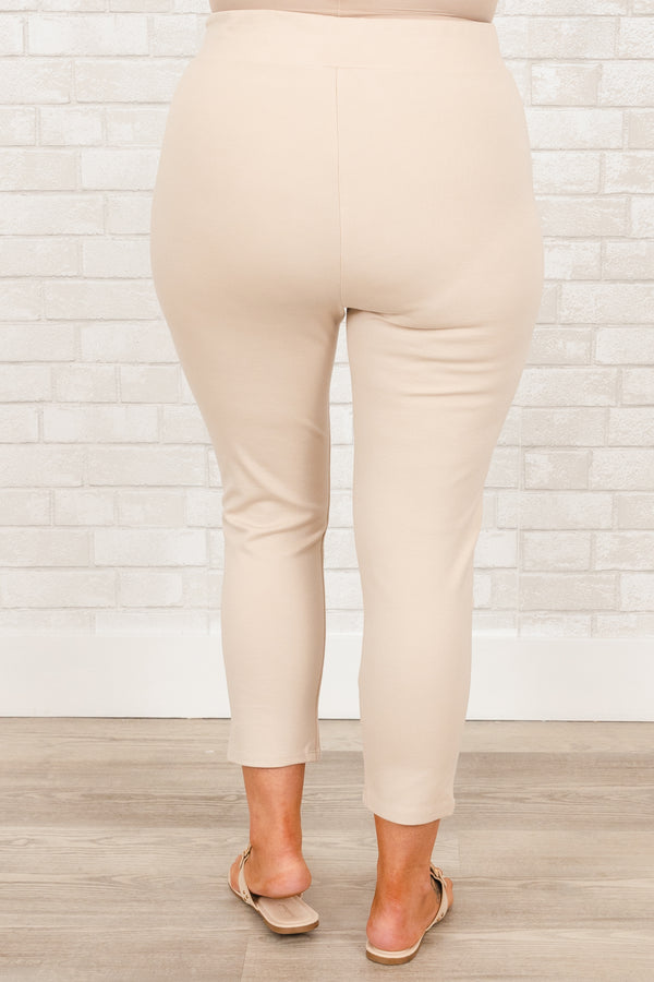 Plus Size oatmeal stretchy business pants with a high waist and cropped ankle length.