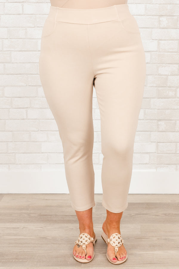 Plus Size oatmeal stretchy business pants with a high waist and cropped ankle length.