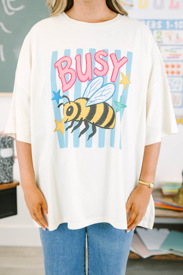 Plus size ivory oversized cotton boyfriend tee with a colorful busy bee graphic.