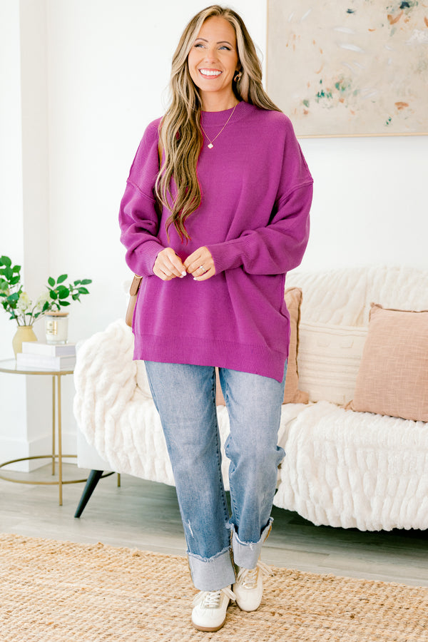 Chic Soul plus size clothing, dark fuchsia purple long sleeve crewneck sweater