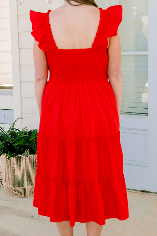 Chic Soul plus size clothing, flutter strap bright red ruffled baby doll midi dress with a smocked bodice and a sweetheart neckline