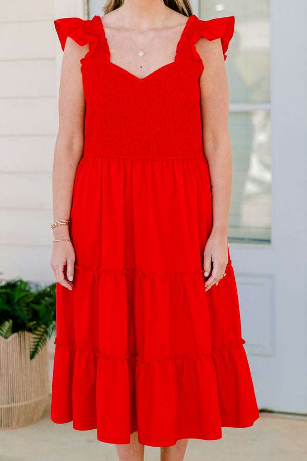 Chic Soul plus size clothing, flutter strap bright red ruffled baby doll midi dress with a smocked bodice and a sweetheart neckline
