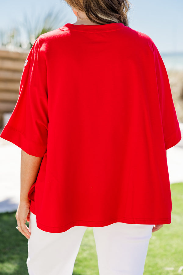 Chic Soul plus size clothing, short-sleeve drop-shoulder red top with a high-scoop-neckline with a red white and blue sequined hanging flag graphics across the bodice 