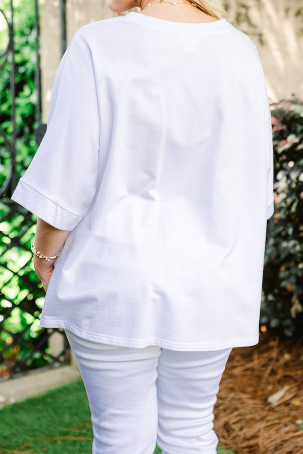 Chic Soul plus size clothing, white short sleeve novelty tee with seven sequin rose gold rings on the front