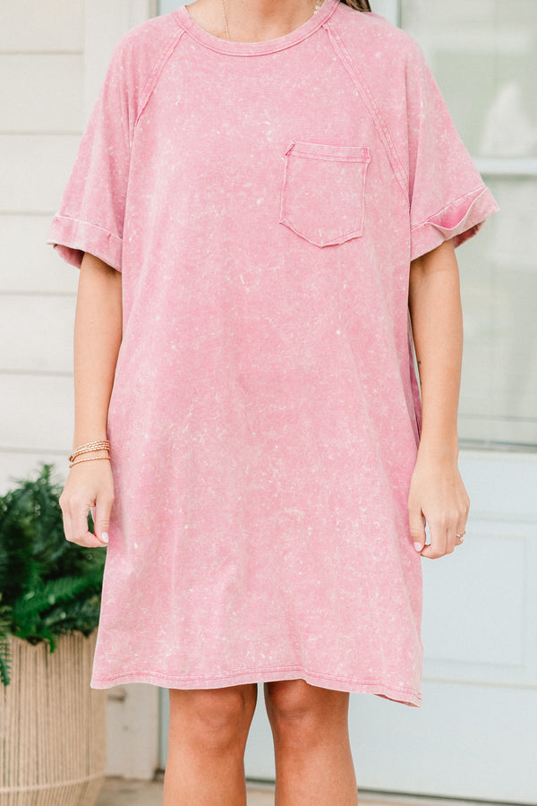 Chic Soul plus size clothing, short-sleeve mauve pink mineral wash t-shirt dress with a scoop-neckline and a pocket on the bodice