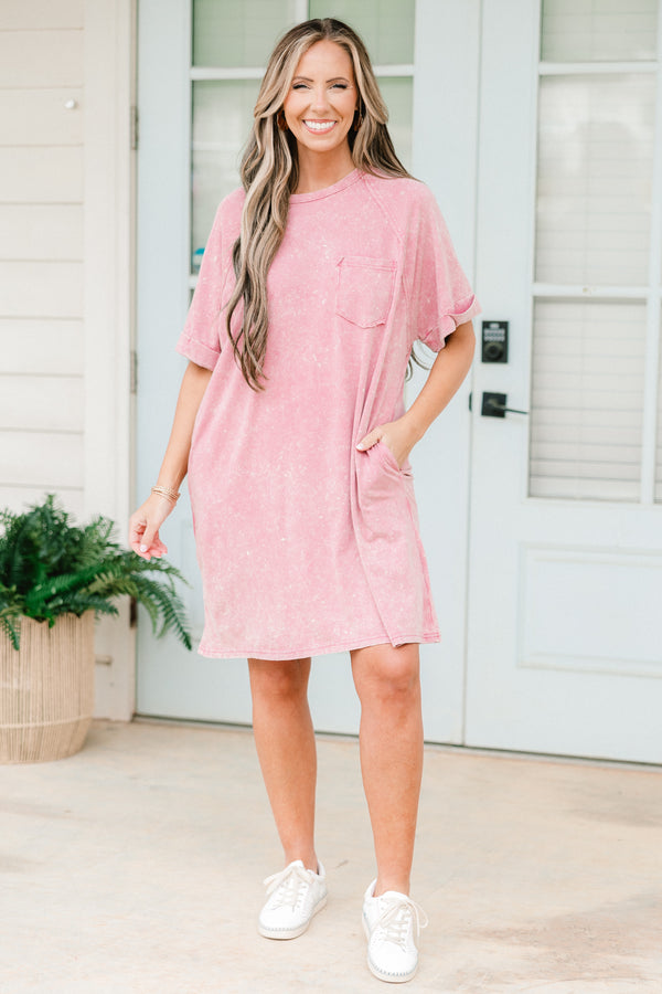 Chic Soul plus size clothing, short-sleeve mauve pink mineral wash t-shirt dress with a scoop-neckline and a pocket on the bodice