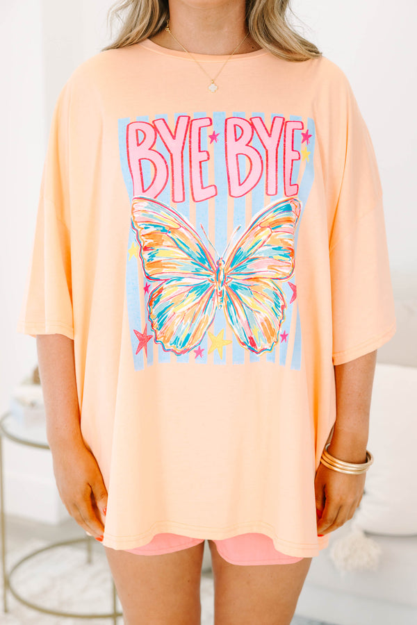 Plus size neon coral boyfriend tee with a colorful butterfly and 'Bye Bye' graphic.