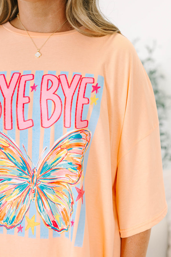 Plus size neon coral boyfriend tee with a colorful butterfly and 'Bye Bye' graphic.
