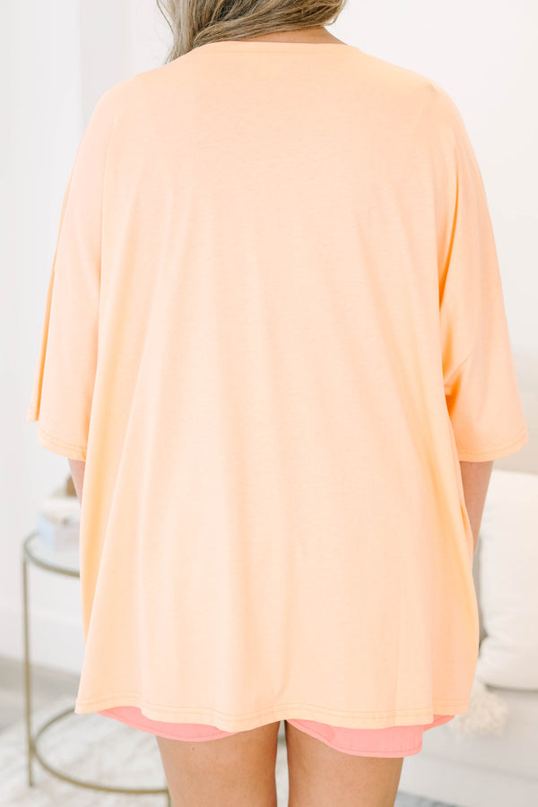 Plus size neon coral boyfriend tee with a colorful butterfly and 'Bye Bye' graphic.