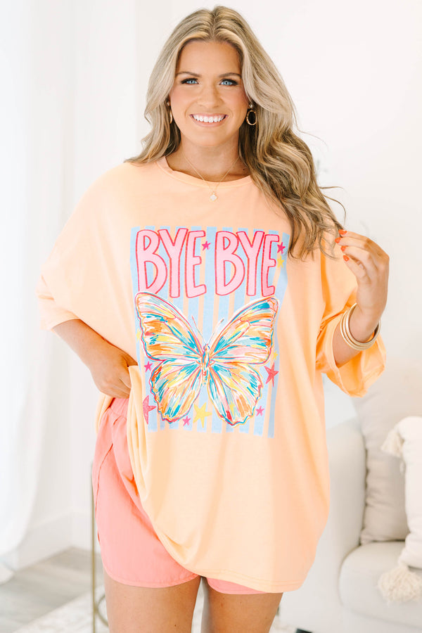 Plus size neon coral boyfriend tee with a colorful butterfly and 'Bye Bye' graphic.